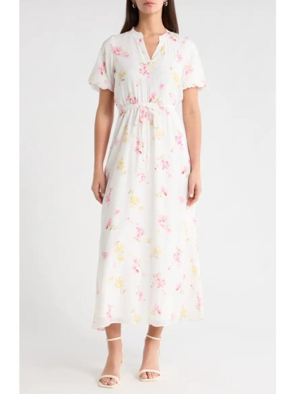 Vince Camuto Floral Split Neck Maxi Dress Lemon Cream Floral Resort Size PM NWOT